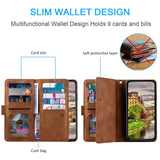 For-iPhone-14-6.1-inch-Zipper-Pocket-Design-9-Card-Slots-PU-Leather-Case-Magnetic-Closure-Stand-Wallet-Cover-with-Strap-Brown