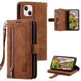 For-iPhone-14-6.1-inch-Zipper-Pocket-Design-9-Card-Slots-PU-Leather-Case-Magnetic-Closure-Stand-Wallet-Cover-with-Strap-Brown