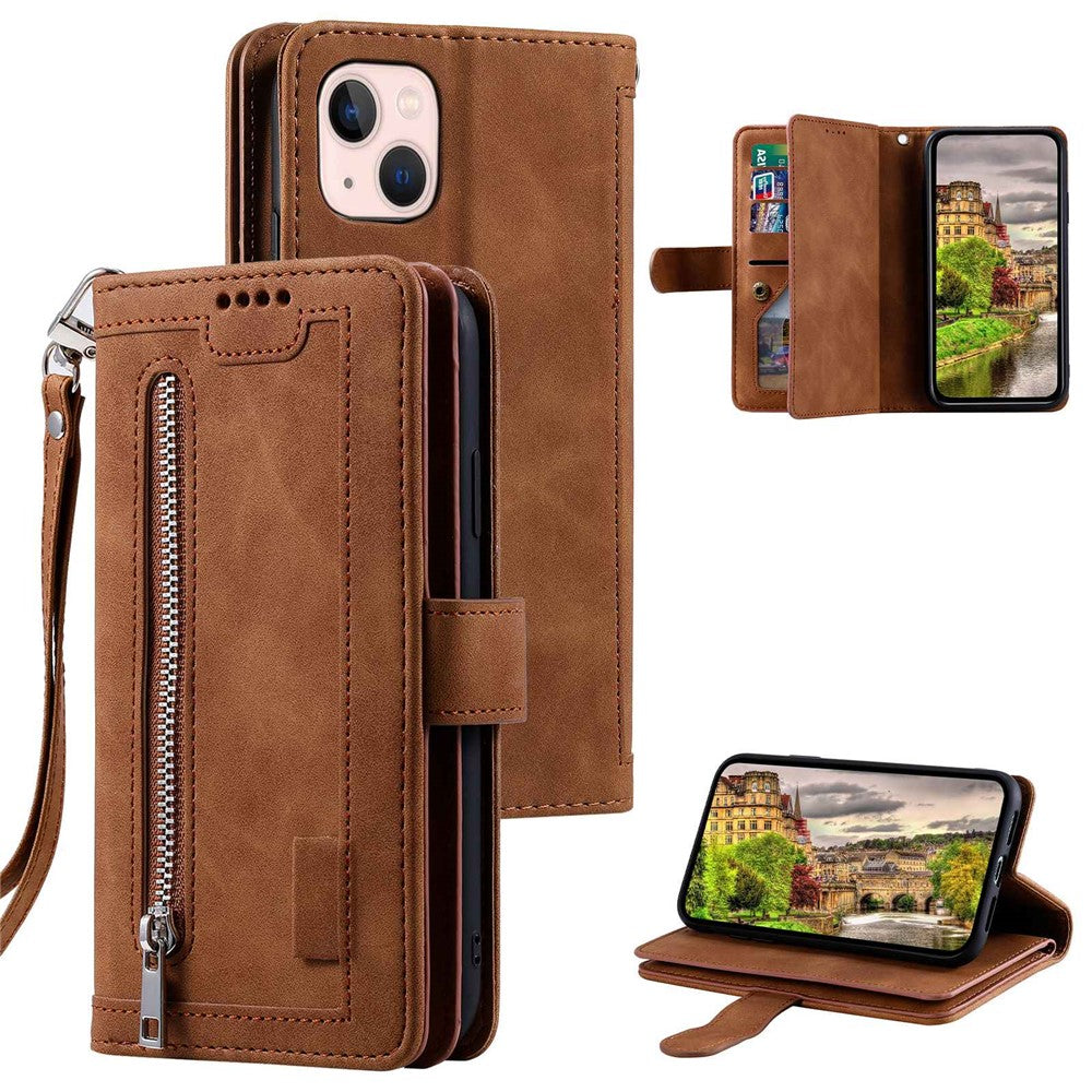 For-iPhone-14-6.1-inch-Zipper-Pocket-Design-9-Card-Slots-PU-Leather-Case-Magnetic-Closure-Stand-Wallet-Cover-with-Strap-Brown