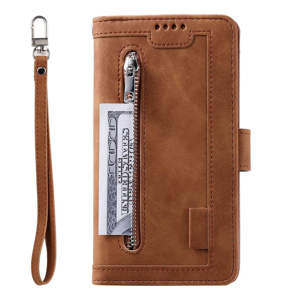 For-iPhone-14-6.1-inch-Zipper-Pocket-Design-9-Card-Slots-PU-Leather-Case-Magnetic-Closure-Stand-Wallet-Cover-with-Strap-Brown