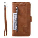 For-iPhone-14-6.1-inch-Zipper-Pocket-Design-9-Card-Slots-PU-Leather-Case-Magnetic-Closure-Stand-Wallet-Cover-with-Strap-Brown