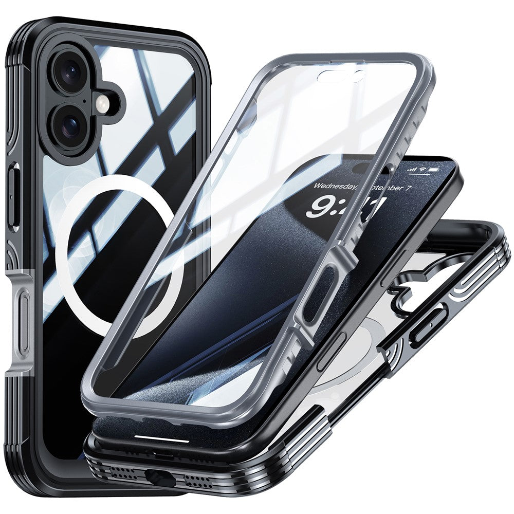 For-iPhone-16-Magnetic-Case-with-Tempered-Glass-Film-PC-+-TPU-Full-Rugged-Phone-Cover-Black-/-Grey