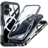 For-iPhone-16-Magnetic-Case-with-Tempered-Glass-Film-PC-+-TPU-Full-Rugged-Phone-Cover-Black-/-Grey