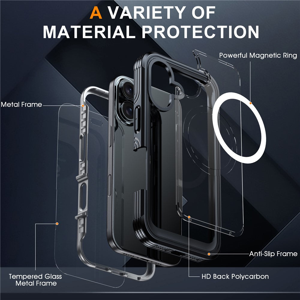 For-iPhone-16-Magnetic-Case-with-Tempered-Glass-Film-PC-+-TPU-Full-Rugged-Phone-Cover-Black-/-Grey