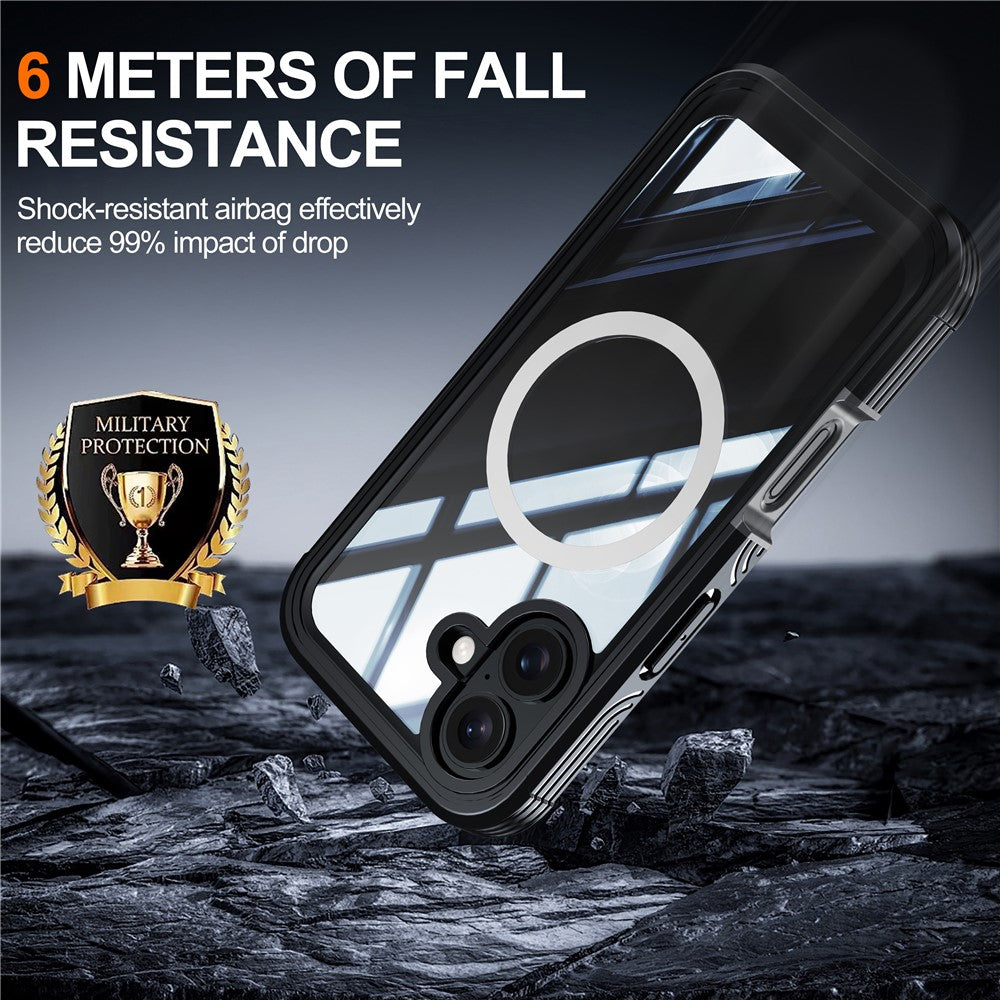 For-iPhone-16-Magnetic-Case-with-Tempered-Glass-Film-PC-+-TPU-Full-Rugged-Phone-Cover-Black-/-Grey