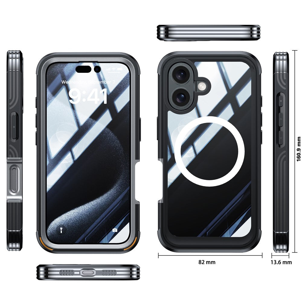 For-iPhone-16-Magnetic-Case-with-Tempered-Glass-Film-PC-+-TPU-Full-Rugged-Phone-Cover-Black-/-Grey