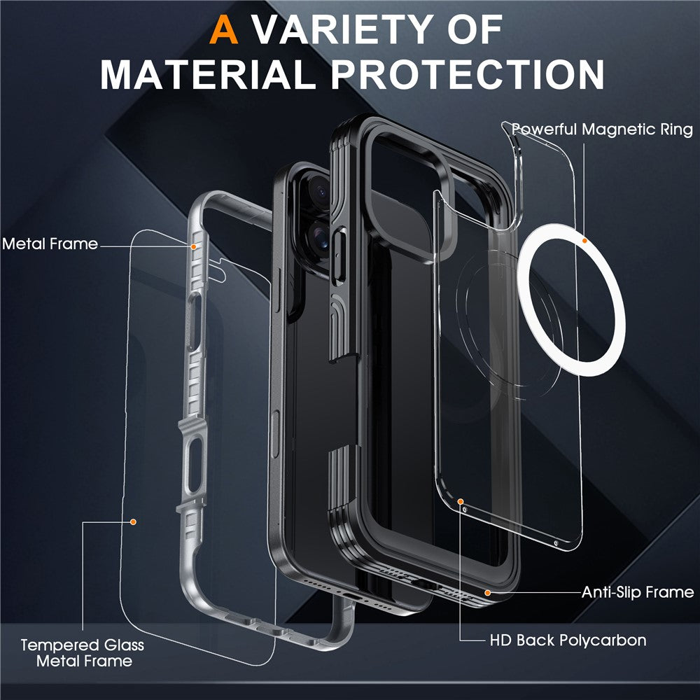 For-iPhone-16-Pro-Max-Magnetic-Case-PC-+-TPU-Shockproof-Phone-Cover-with-Screen-Film-Black-/-Grey