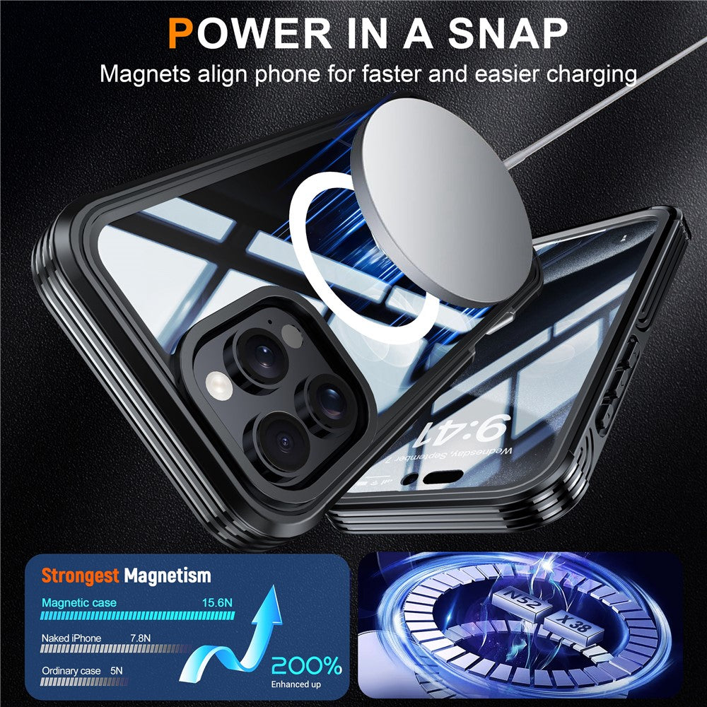 For-iPhone-16-Pro-Magnetic-Case-PC-+-TPU-Full-Protection-Phone-Cover-with-Screen-Film-Black-/-Grey