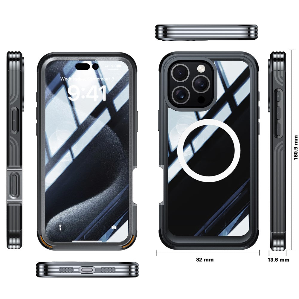 For-iPhone-16-Pro-Magnetic-Case-PC-+-TPU-Full-Protection-Phone-Cover-with-Screen-Film-Black-/-Grey