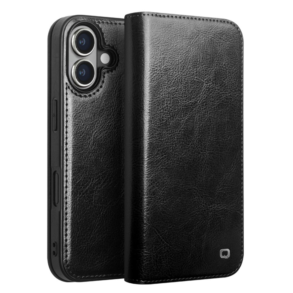 QIALINO-For-iPhone-16-Case-Genuine-Cow-Leather-Card-Holder-Stand-Flip-Phone-Cover-Black