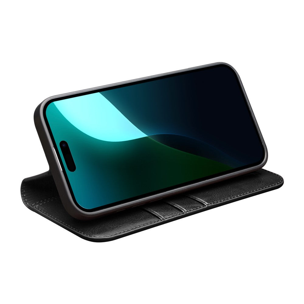 QIALINO-For-iPhone-16-Case-Genuine-Cow-Leather-Card-Holder-Stand-Flip-Phone-Cover-Black