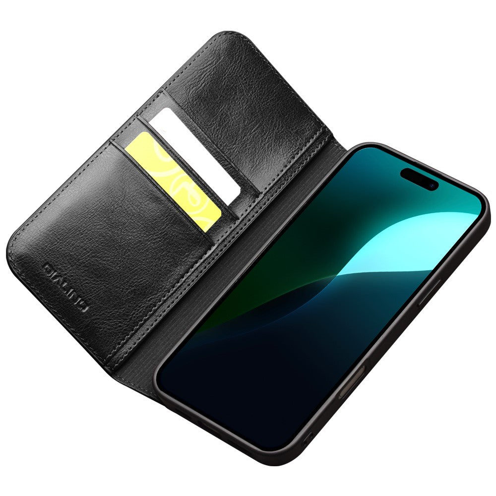 QIALINO-For-iPhone-16-Case-Genuine-Cow-Leather-Card-Holder-Stand-Flip-Phone-Cover-Black