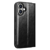 QIALINO-For-iPhone-16-Case-Genuine-Cow-Leather-Card-Holder-Stand-Flip-Phone-Cover-Black