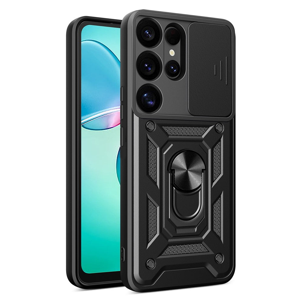 For-Samsung-Galaxy-S25-Ultra-Case-with-Slide-Camera-Lid-PC+TPU-Kickstand-Phone-Cover-Black