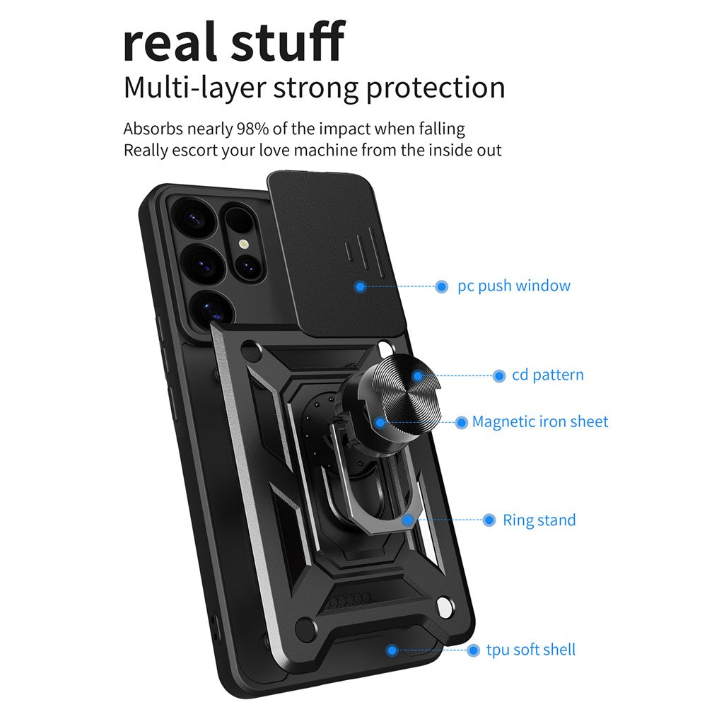 For-Samsung-Galaxy-S25-Ultra-Case-with-Slide-Camera-Lid-PC+TPU-Kickstand-Phone-Cover-Black