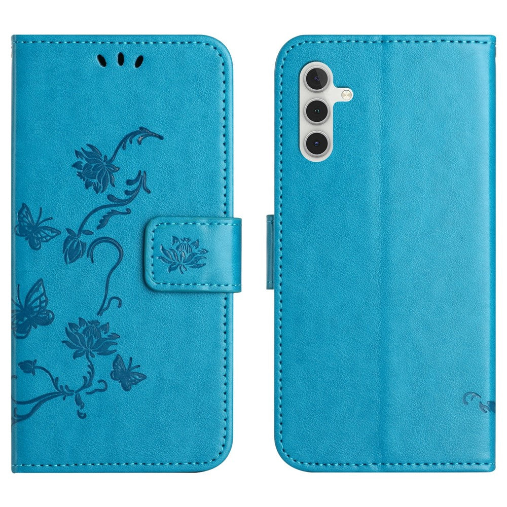 For-Samsung-Galaxy-A17-5G-/-A17-4G-/-A26-5G-Case-Wallet-Stand-Imprinted-Butterfly-Flower-PU-Leather-Phone-Cover-Blue