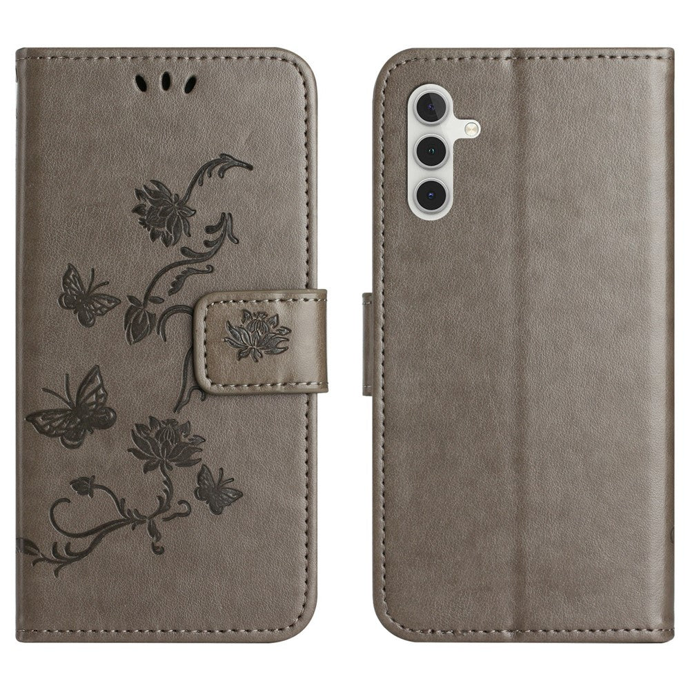 For-Samsung-Galaxy-A17-5G-/-A17-4G-/-A26-5G-Case-Wallet-Stand-Imprinted-Butterfly-Flower-PU-Leather-Phone-Cover-Grey