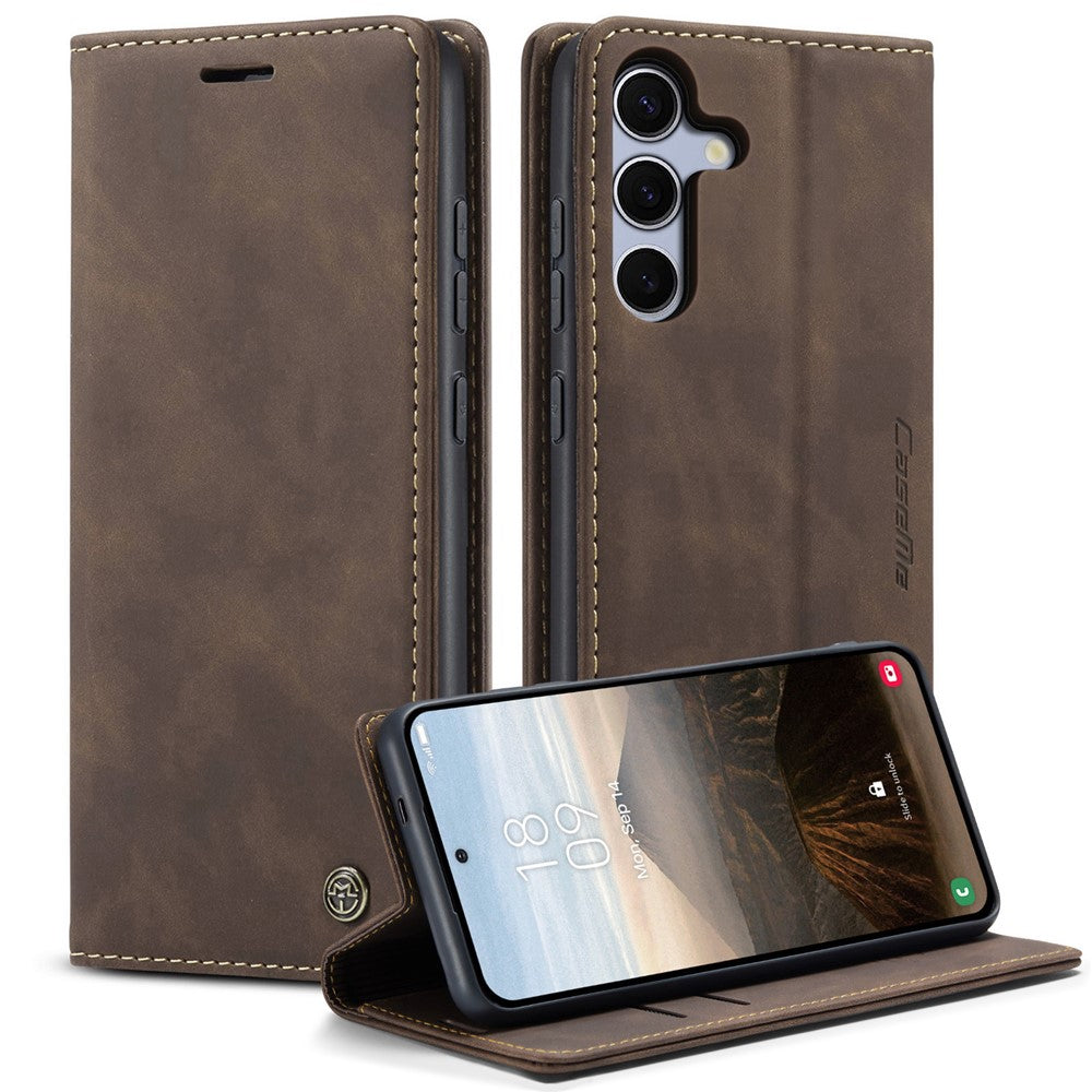 For-Samsung-Galaxy-S25-Case-CASEME-013-Series-Card-Holder-Stand-Leather-Phone-Cover-Coffee