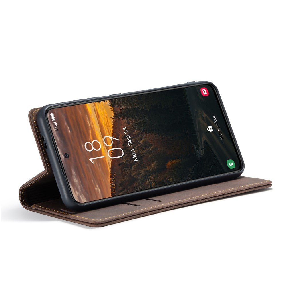 For-Samsung-Galaxy-S25-Case-CASEME-013-Series-Card-Holder-Stand-Leather-Phone-Cover-Coffee