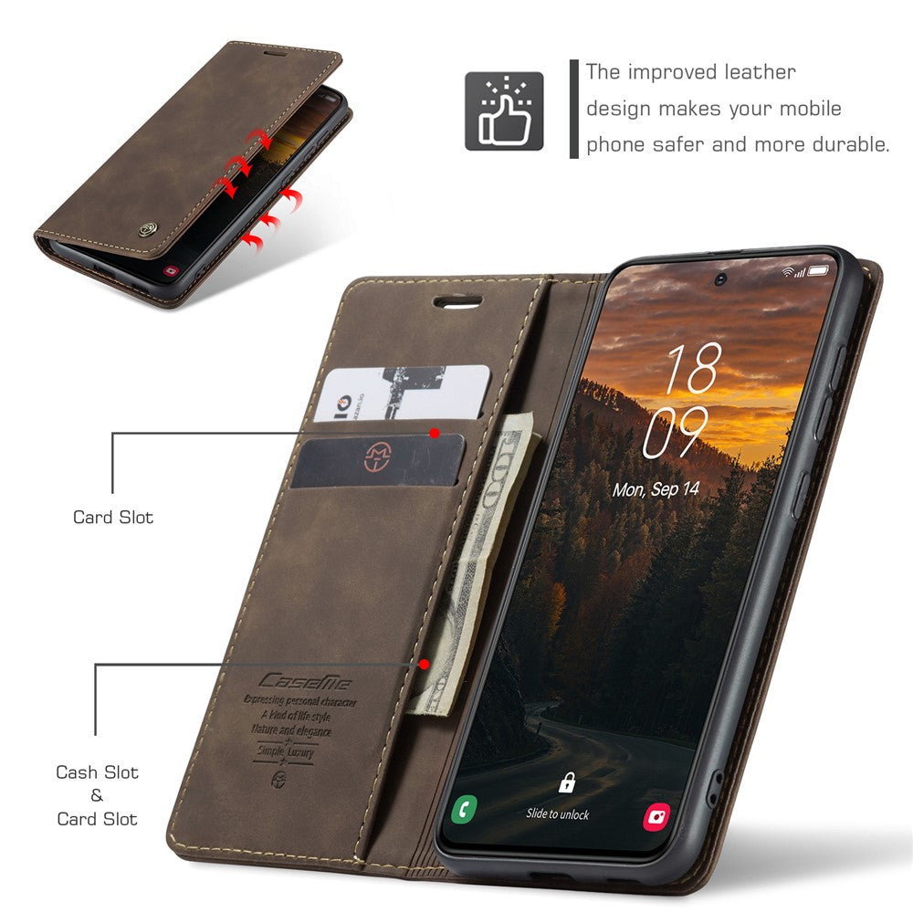 For-Samsung-Galaxy-S25-Case-CASEME-013-Series-Card-Holder-Stand-Leather-Phone-Cover-Coffee