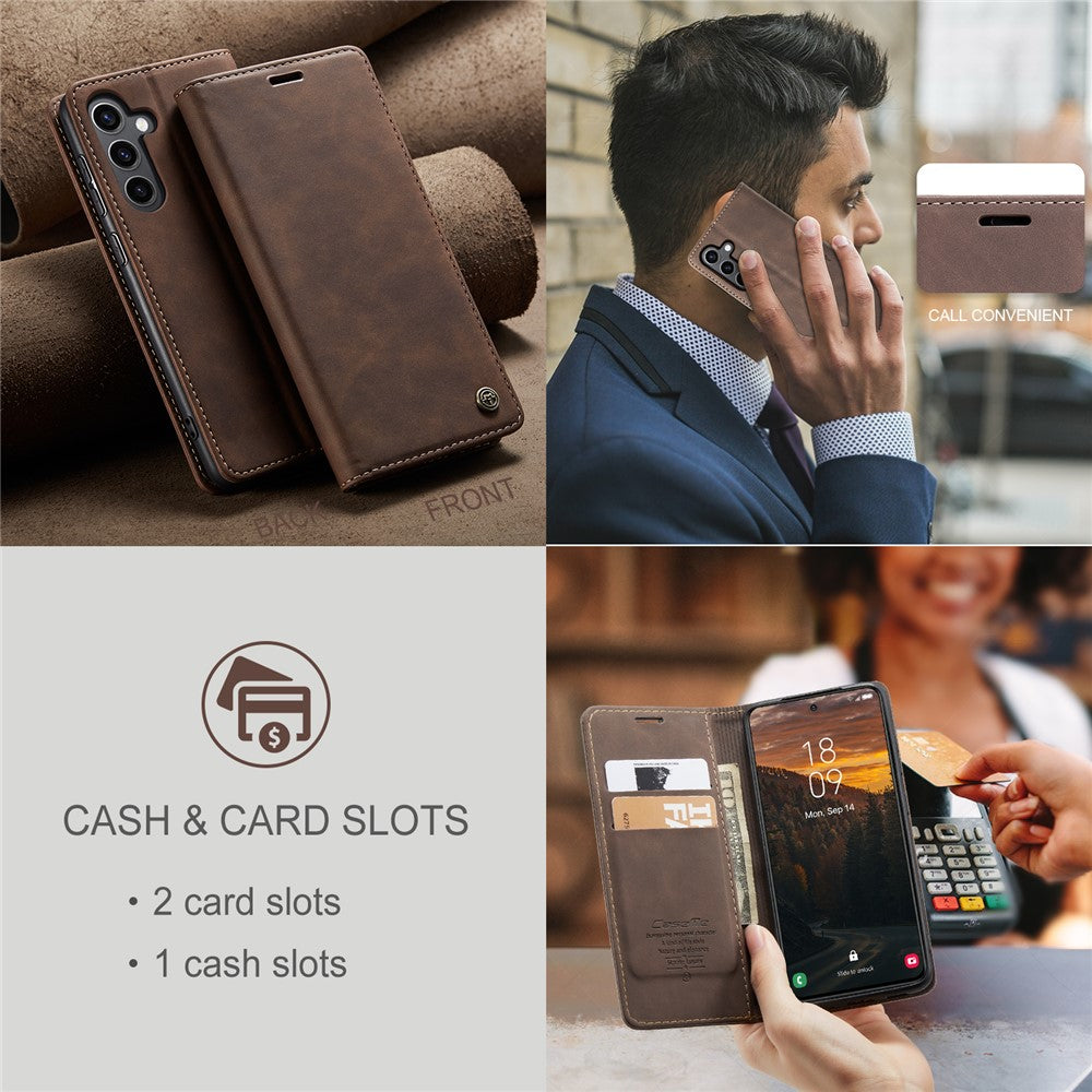 For-Samsung-Galaxy-S25-Case-CASEME-013-Series-Card-Holder-Stand-Leather-Phone-Cover-Coffee