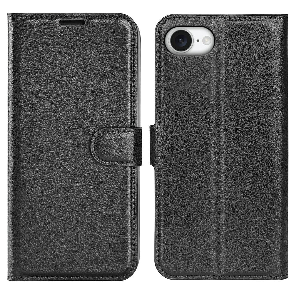 For-iPhone-16e-Case-Litchi-Texture-Shockproof-Leather-Wallet-Phone-Cover-Black