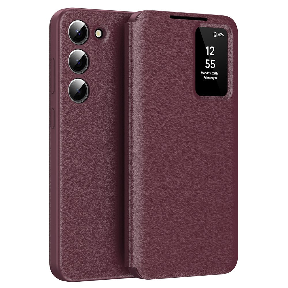 For-Samsung-Galaxy-S22-5G-Case-Leather-Phone-Cover-with-View-Window-Card-Slot-Wine-Red