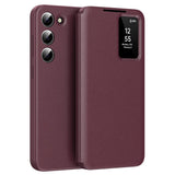For-Samsung-Galaxy-S22-5G-Case-Leather-Phone-Cover-with-View-Window-Card-Slot-Wine-Red