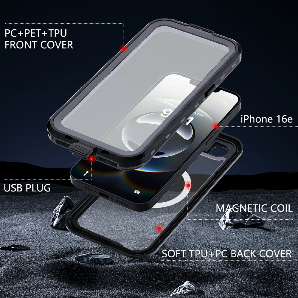 REDPEPPER-Dot+-Series-For-iPhone-16e-Phone-Case-Compatible-with-MagSafe-IP68-Waterproof-Clear-Phone-Cover-Black