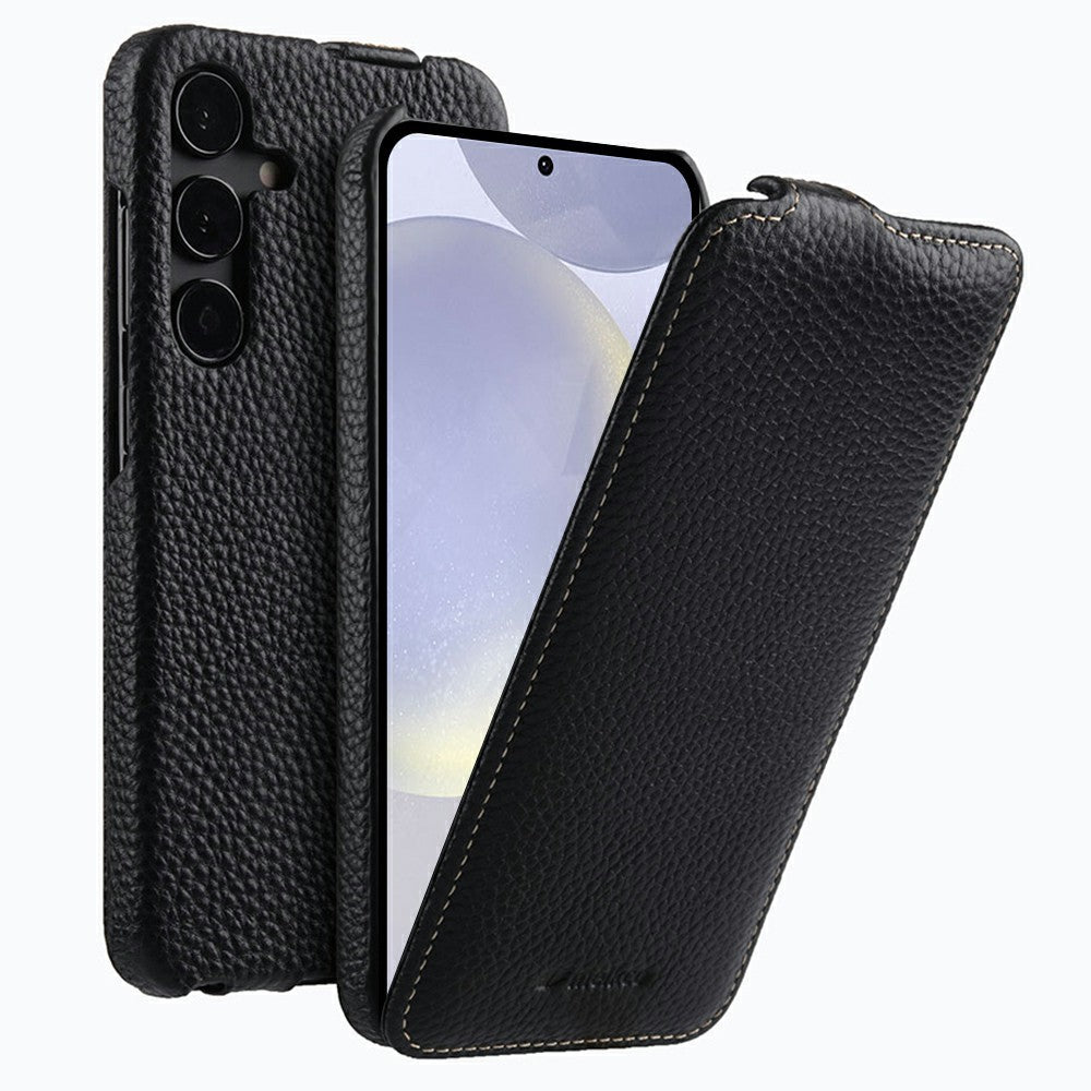 MELKCO-For-Samsung	Galaxy-S25-Case-Vertical-Flip-Genuine-Cow-Leather-+-PC-Shockproof-Phone-Cover-Black