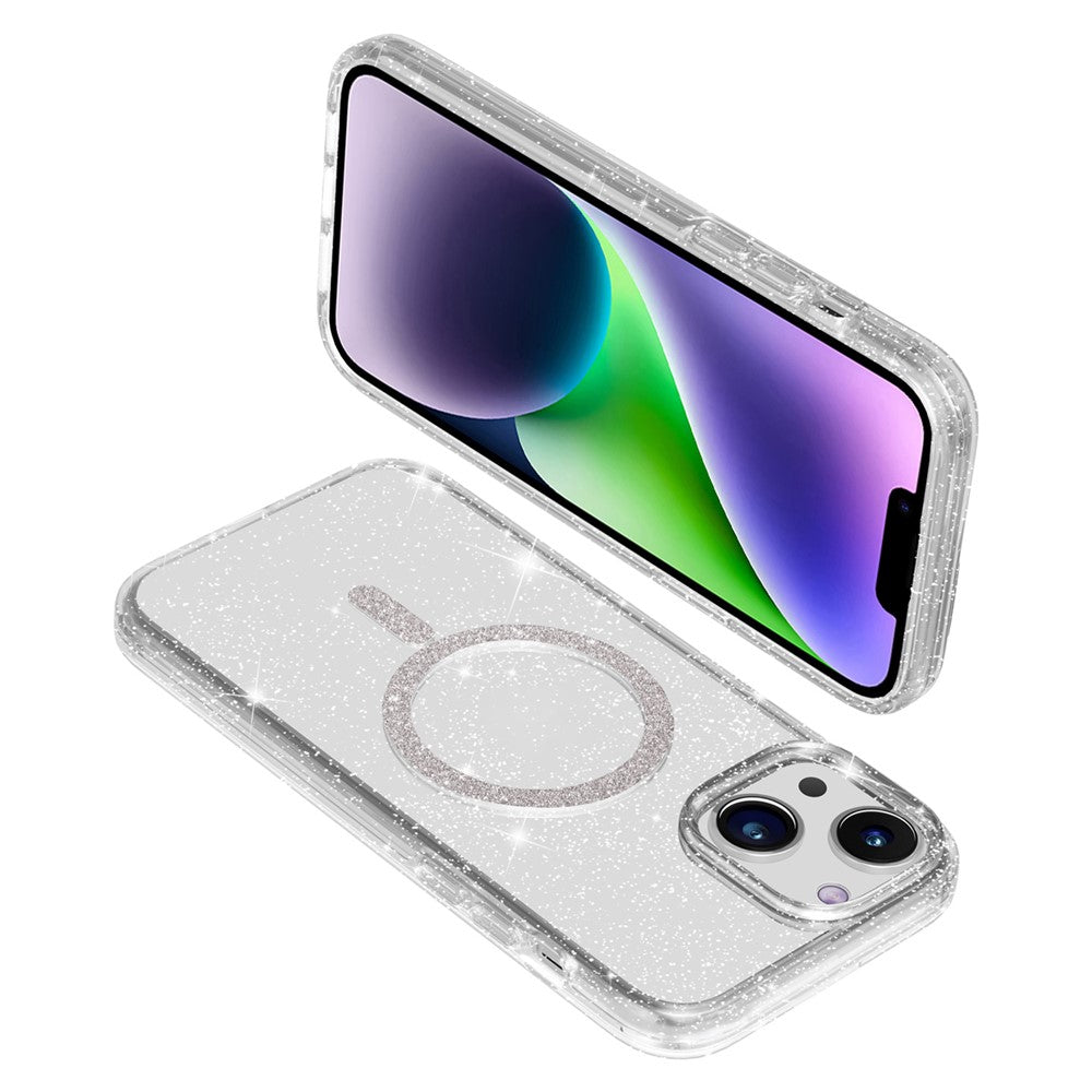 For-iPhone-14-/-13-Phone-Case-Compatible-with-MagSafe-Glitter-PC-+-TPU-Hybrid-Shockproof-Cover-White