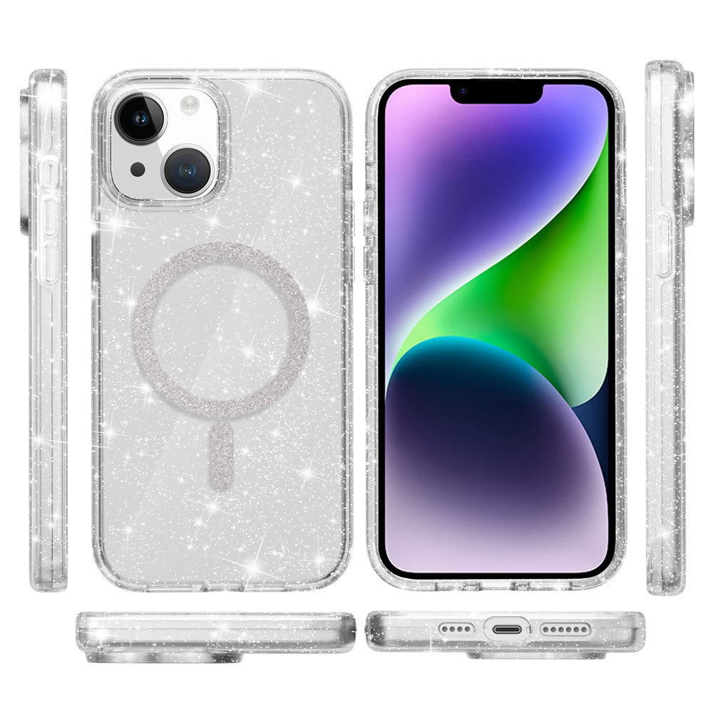 For-iPhone-14-/-13-Phone-Case-Compatible-with-MagSafe-Glitter-PC-+-TPU-Hybrid-Shockproof-Cover-White