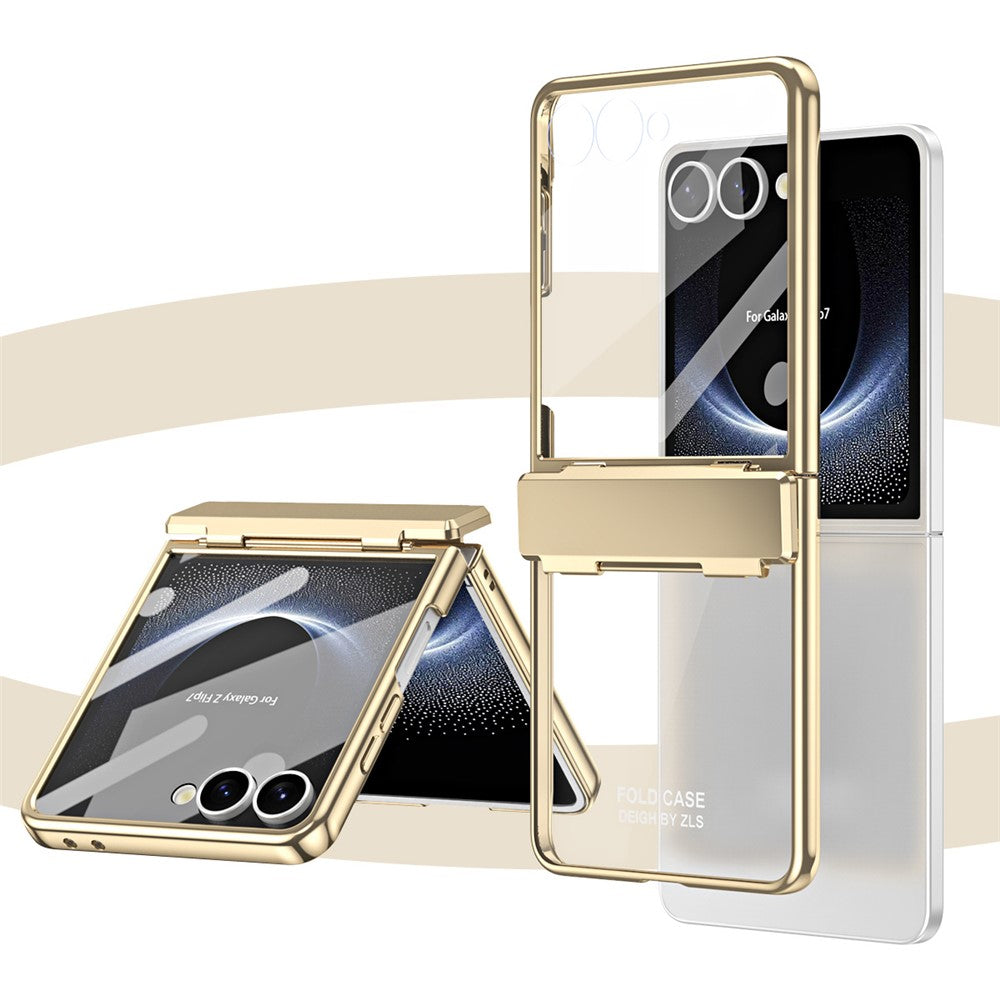 For-Samsung-Galaxy-Z-Flip7-5G-Case-Electroplating-PC-Folding-Phone-Cover-with-Screen-Protector-Gold