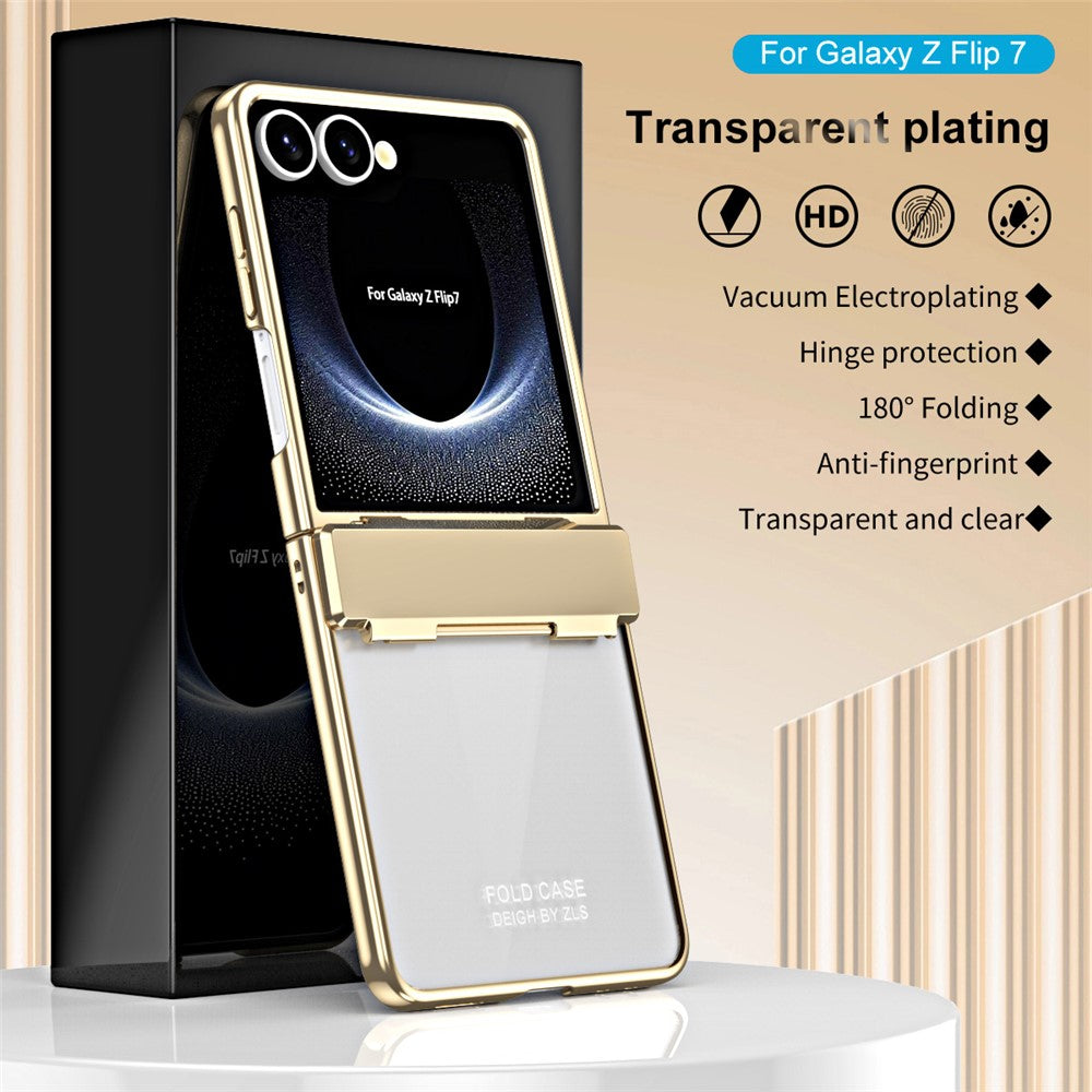 For-Samsung-Galaxy-Z-Flip7-5G-Case-Electroplating-PC-Folding-Phone-Cover-with-Screen-Protector-Gold