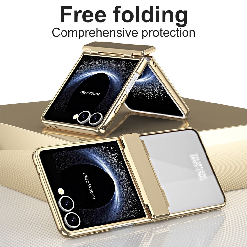 For-Samsung-Galaxy-Z-Flip7-5G-Case-Electroplating-PC-Folding-Phone-Cover-with-Screen-Protector-Gold
