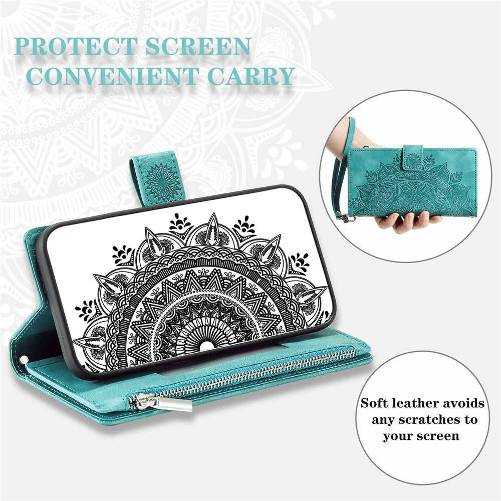 For-Samsung-Galaxy-A17-5G-/-A17-4G-/-A26-5G-Wallet-Case-Mandala-Flower-Pattern-PU-Leather-Phone-Cover-with-Wrist-Strap-Mint-Green