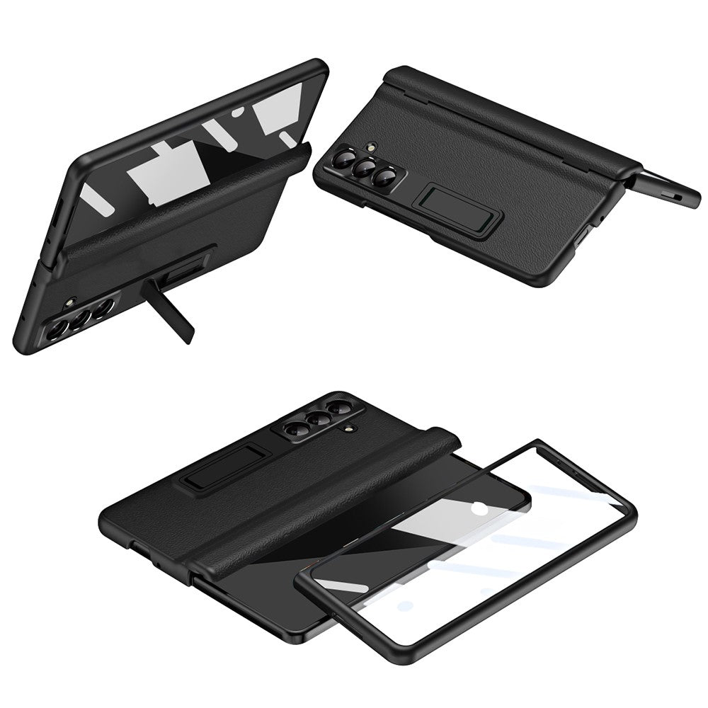 For-Samsung-Galaxy-Z-Fold7-5G-Case-with-Tempered-Glass-Film-Kickstand-PC-+-PU-Leather-Folding-Phone-Cover-Black