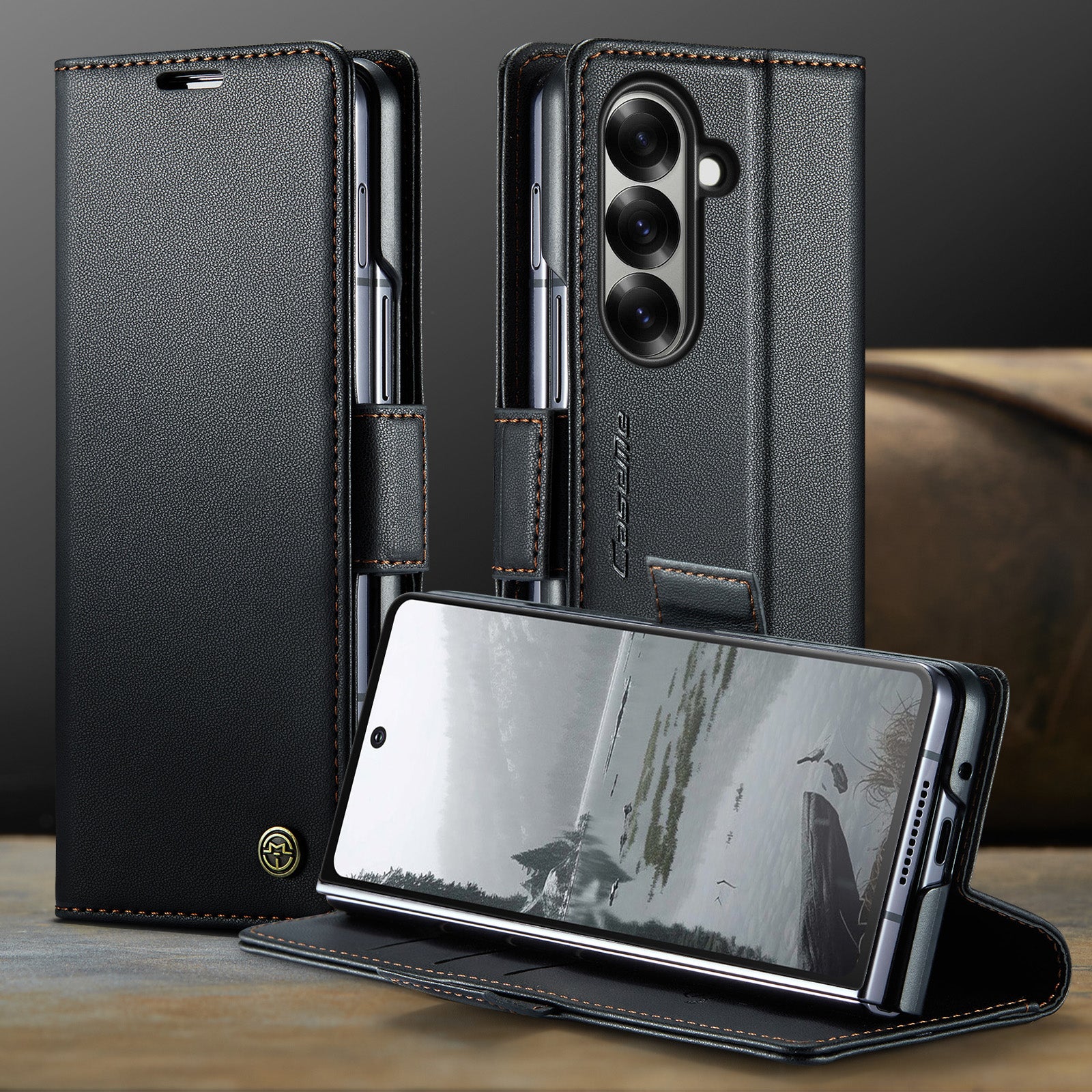 For-Samsung-Galaxy-Z-Fold7-5G-Case-CASEME-023-Series-RFID-Blocking-Leather-Wallet-Stand-Phone-Cover-Black