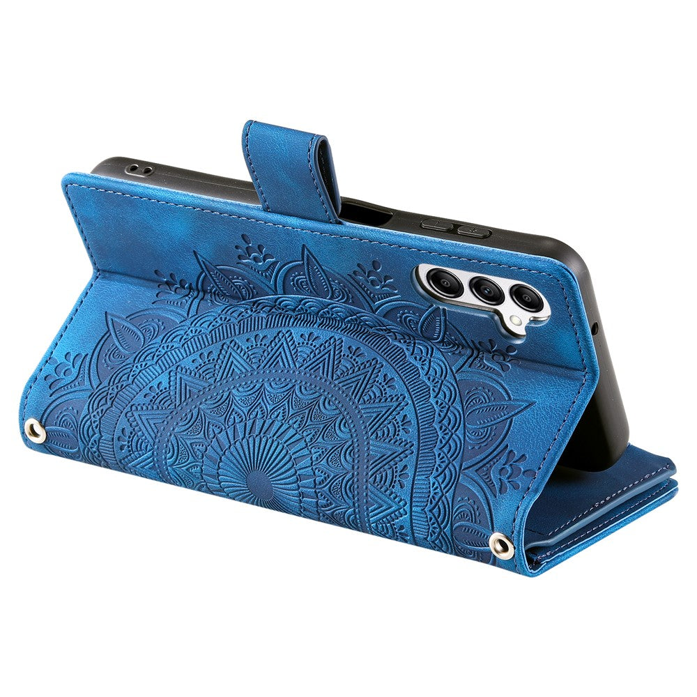 For-Samsung-Galaxy-S25-FE-Wallet-Case-Mandala-Flower-Pattern-PU-Leather-Phone-Cover-with-Wrist-Strap-Blue