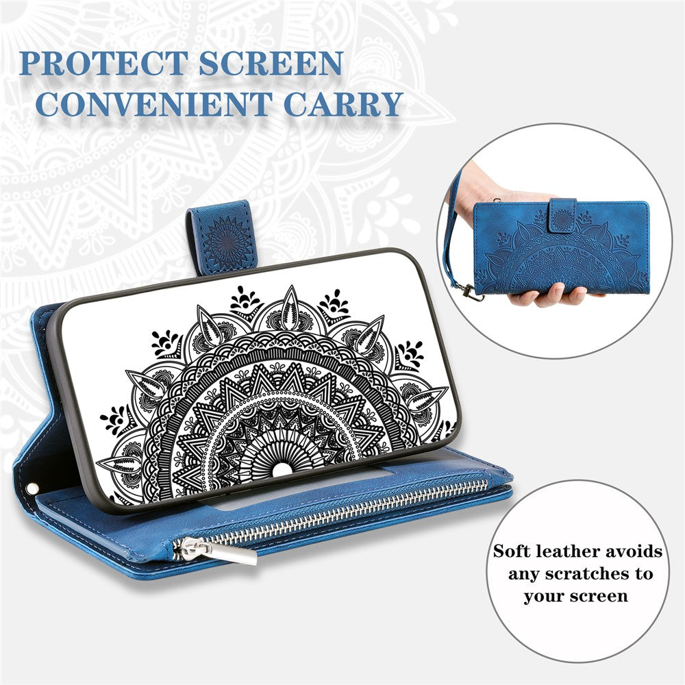 For-Samsung-Galaxy-S25-FE-Wallet-Case-Mandala-Flower-Pattern-PU-Leather-Phone-Cover-with-Wrist-Strap-Blue