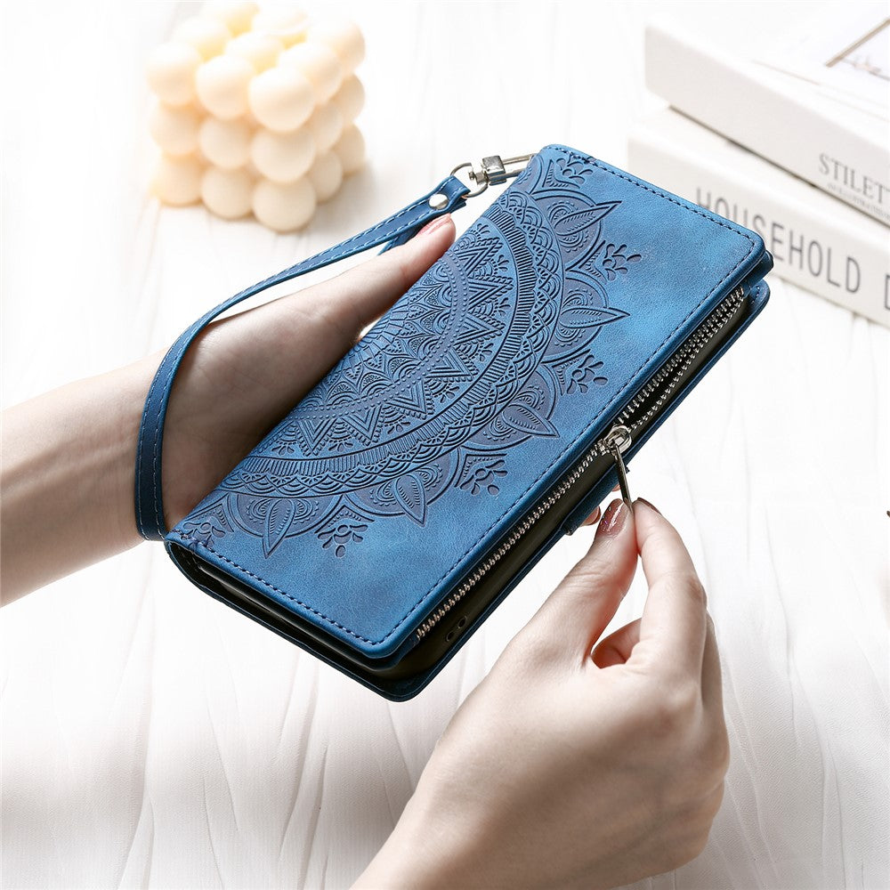 For-Samsung-Galaxy-S25-FE-Wallet-Case-Mandala-Flower-Pattern-PU-Leather-Phone-Cover-with-Wrist-Strap-Blue