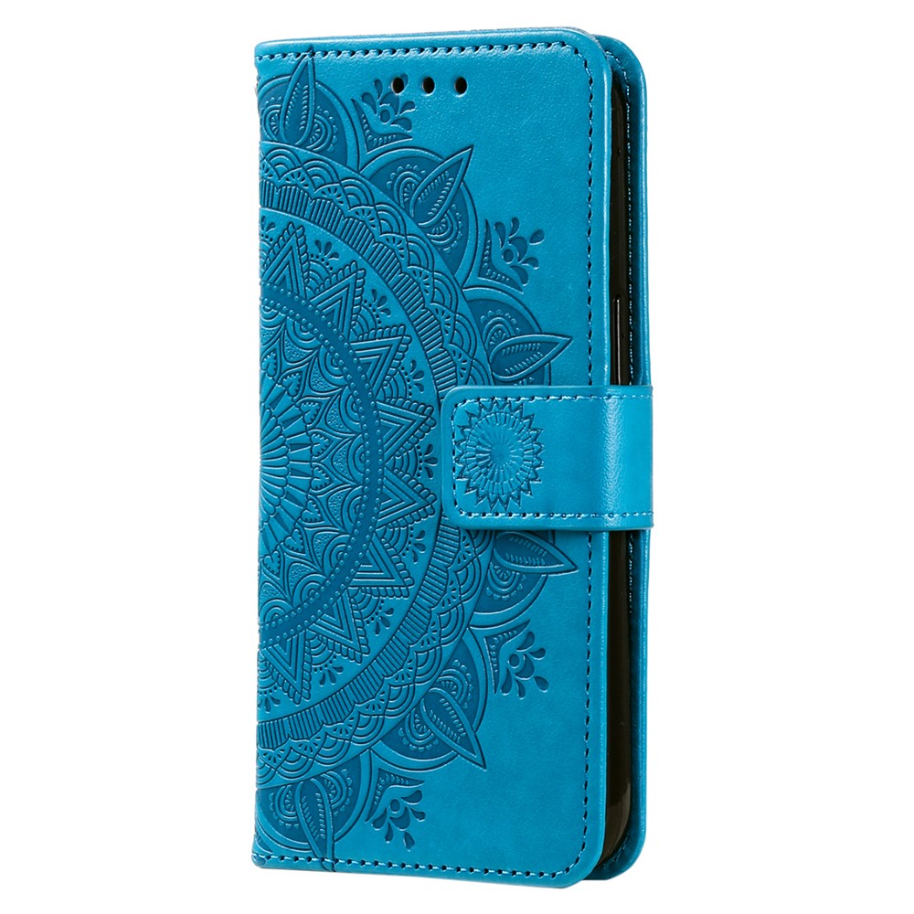 For-Samsung-Galaxy-S25-FE-Stand-Case-Imprinted-Totem-PU-Leather-Wallet-Phone-Cover-with-Wrist-Strap-Blue