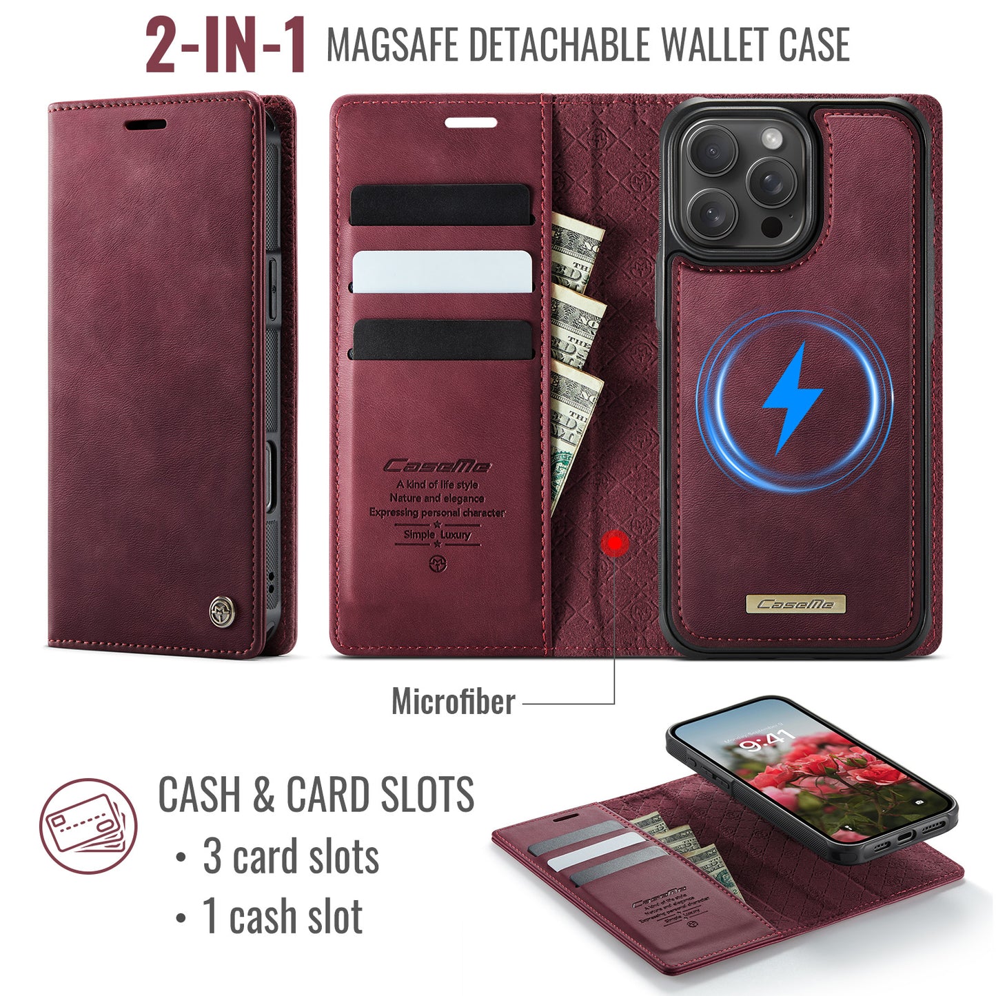 For-iPhone-16-Pro-Case-CASEME-C49-Compatible-with-MagSafe-RFID-Blocking-Detachable-Wallet-Leather-Phone-Cover-Red