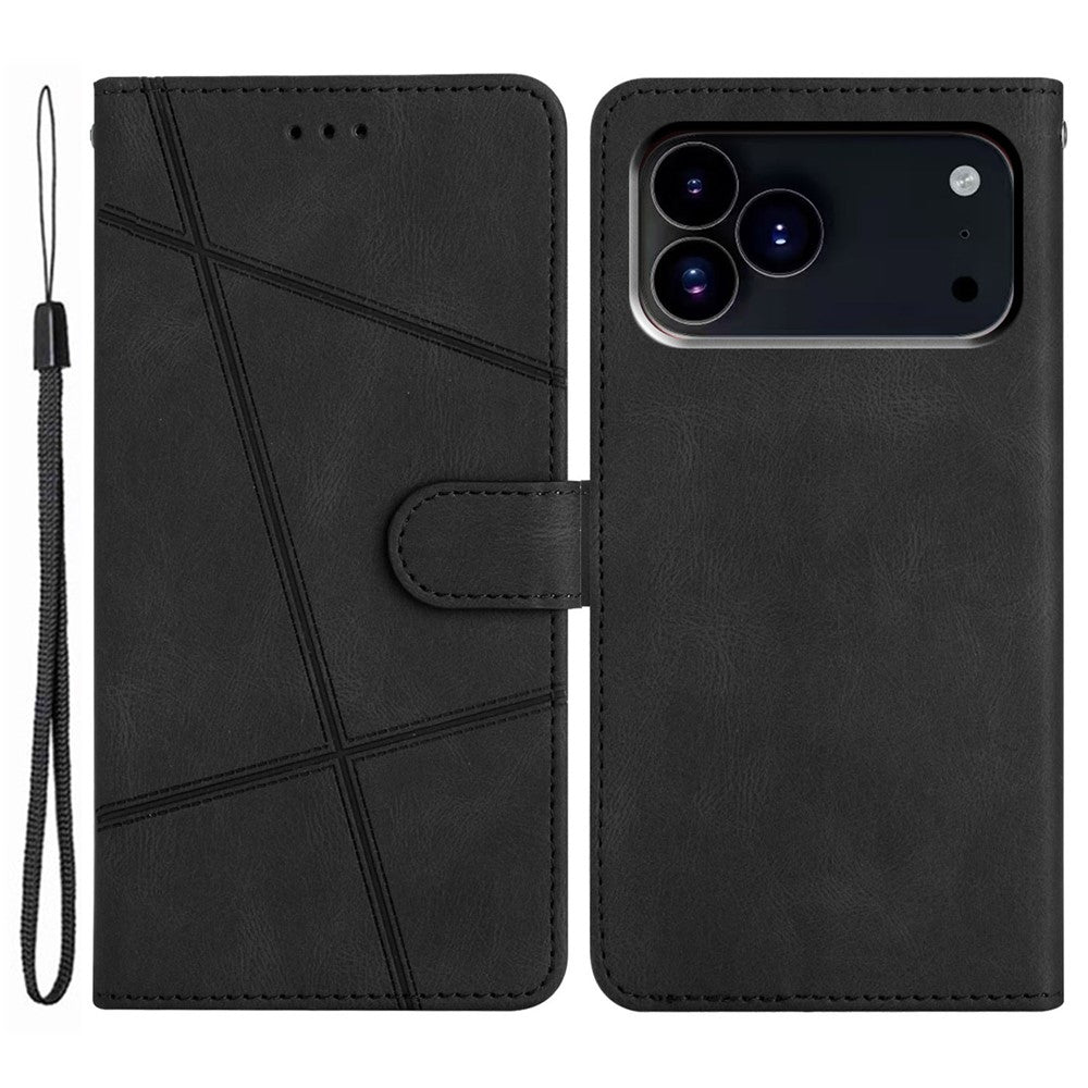 For-iPhone-17-Pro-Wallet-Case-Line-Imprinted-Skin-Touch-Leather-Flip-Phone-Cover-Black