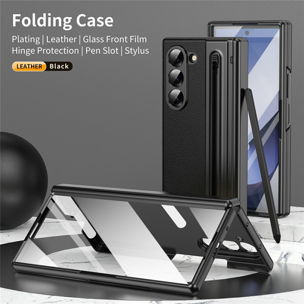 For-Samsung-Galaxy-Z-Fold7-5G-Case-Matte-Electroplated-Leather-+-PC-Phone-Cover-with-Screen-Film-/-Stylus-Black