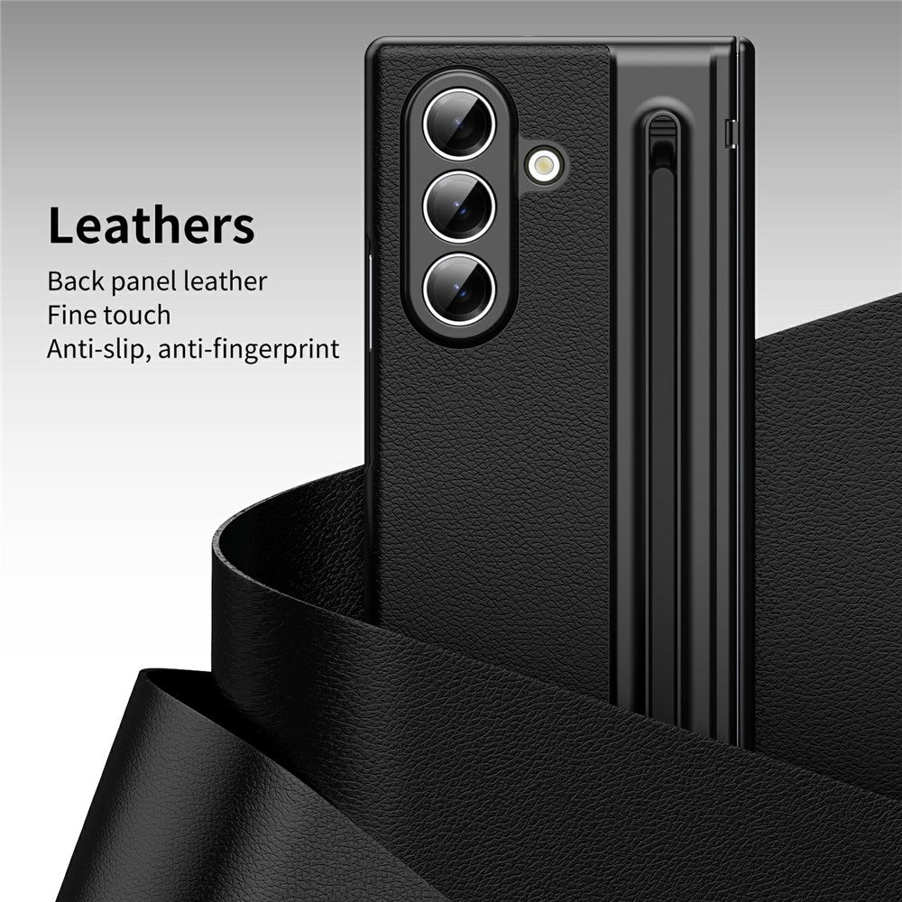 For-Samsung-Galaxy-Z-Fold7-5G-Case-Matte-Electroplated-Leather-+-PC-Phone-Cover-with-Screen-Film-/-Stylus-Black