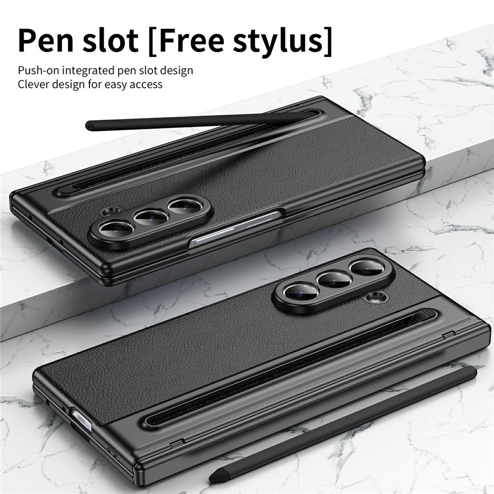 For-Samsung-Galaxy-Z-Fold7-5G-Case-Matte-Electroplated-Leather-+-PC-Phone-Cover-with-Screen-Film-/-Stylus-Black