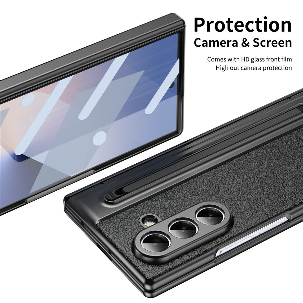 For-Samsung-Galaxy-Z-Fold7-5G-Case-Matte-Electroplated-Leather-+-PC-Phone-Cover-with-Screen-Film-/-Stylus-Black