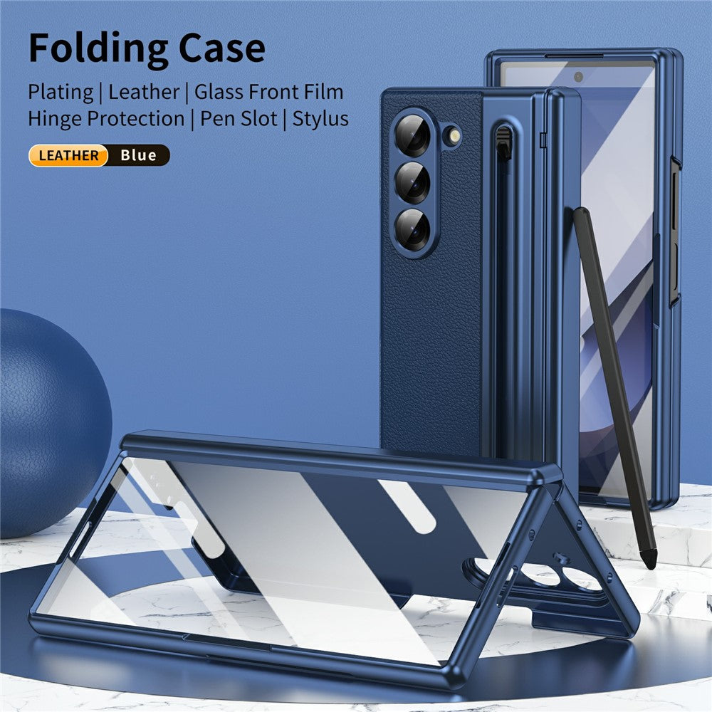 For-Samsung-Galaxy-Z-Fold7-5G-Case-Matte-Electroplated-Leather-+-PC-Phone-Cover-with-Screen-Film-/-Stylus-Blue