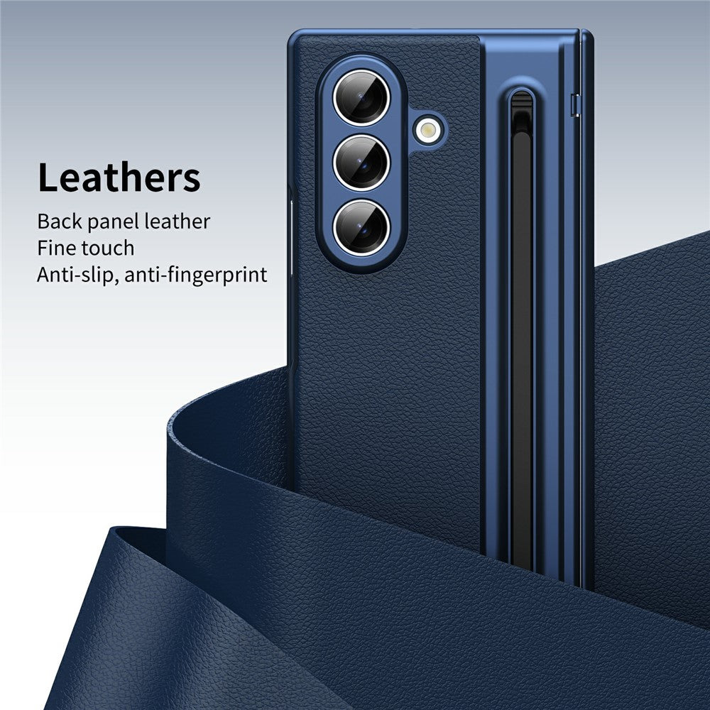 For-Samsung-Galaxy-Z-Fold7-5G-Case-Matte-Electroplated-Leather-+-PC-Phone-Cover-with-Screen-Film-/-Stylus-Blue